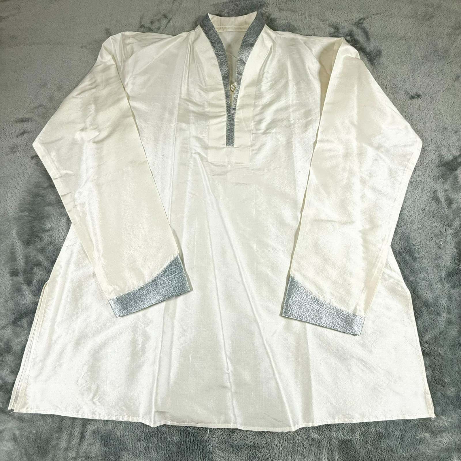Men’s Long Sleeve Kurta Tunic Off White Silver Trim See Pictures for Size