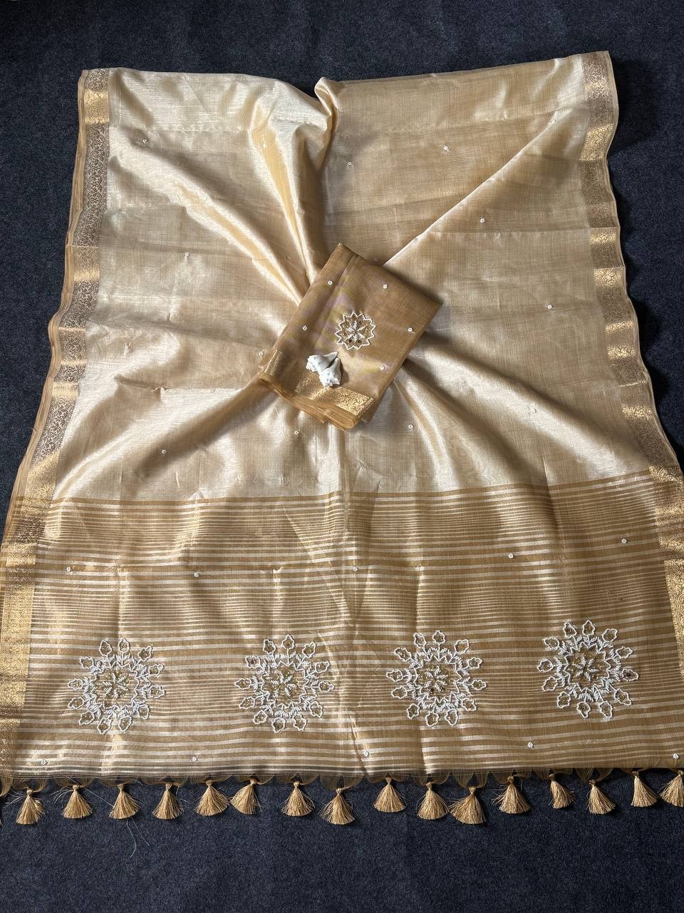 Women’s Royal Tussar Golden Zari Weaving Saree Cut Dana Work Pompom Blouse Piece