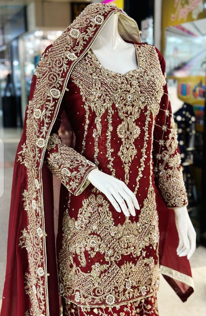 Pakistani Wedding Collection Fully Heavy Handwork Shirt, Dupatta With Gharara