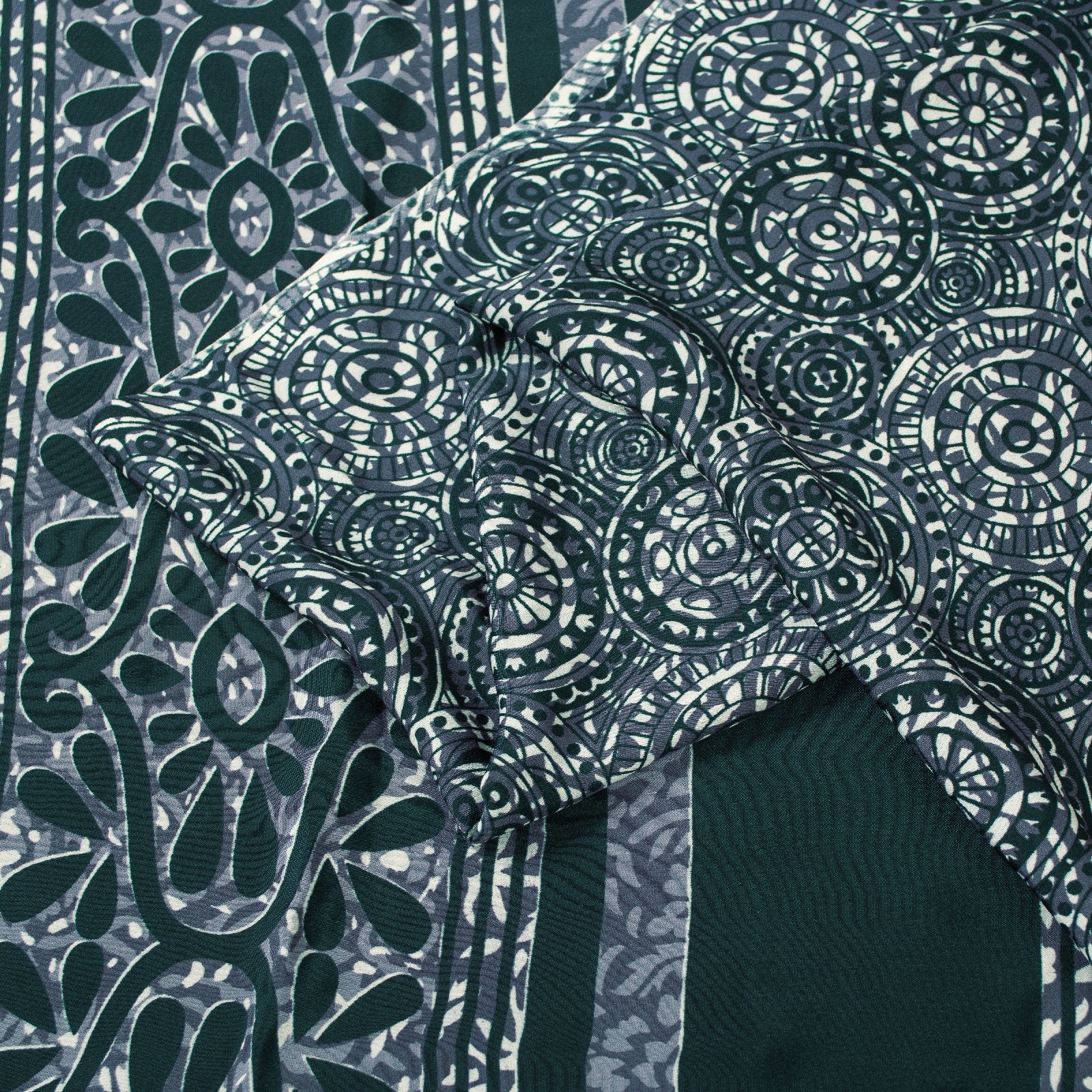 Sanskriti Vintage Sarees Gray & Green Moss Crepe Floral Printed 6+Yd Fabric Sari