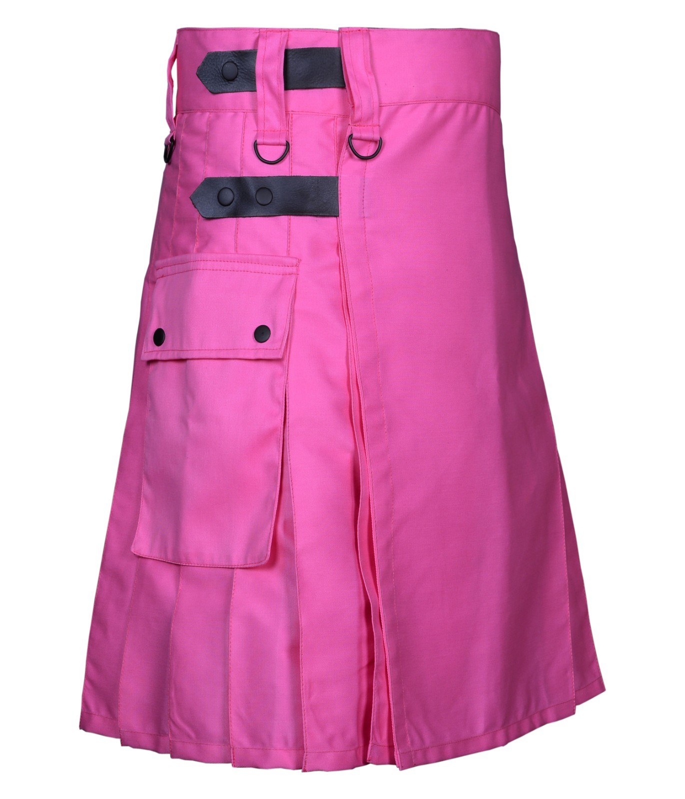 Men’s Pink Utility Kilt Real Leather Straps Cotton Cargo Pockets Custom Size