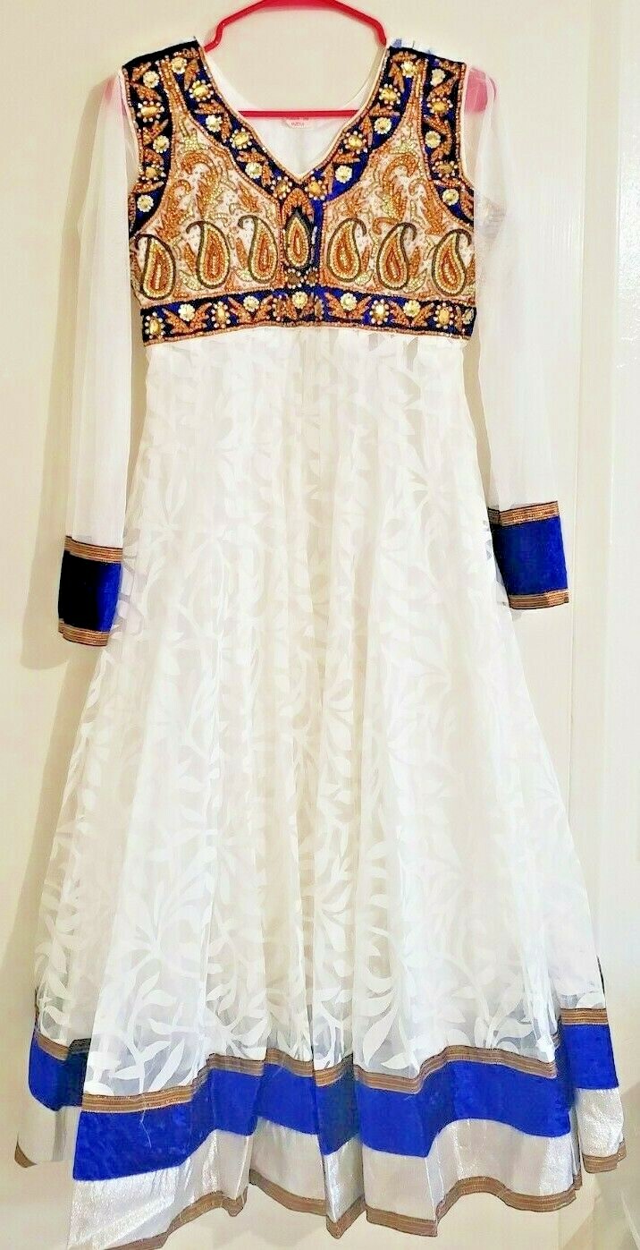 Anarkali Salwar, White gold net blue silver border shiny stone, salwar suit