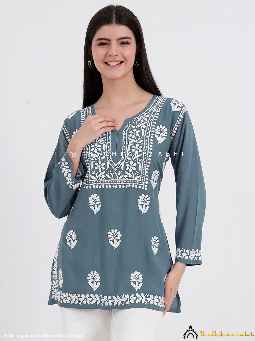 Gray Rayon Chikankari Short Top | Lightweight Indian Tunic | Casual Wear