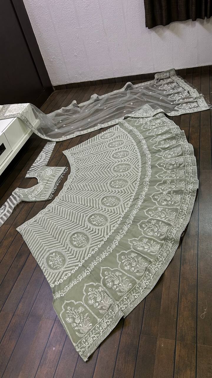 Reception Wear Georgette Grey Lehenga Choli And Net Dupatta For Women & Girls