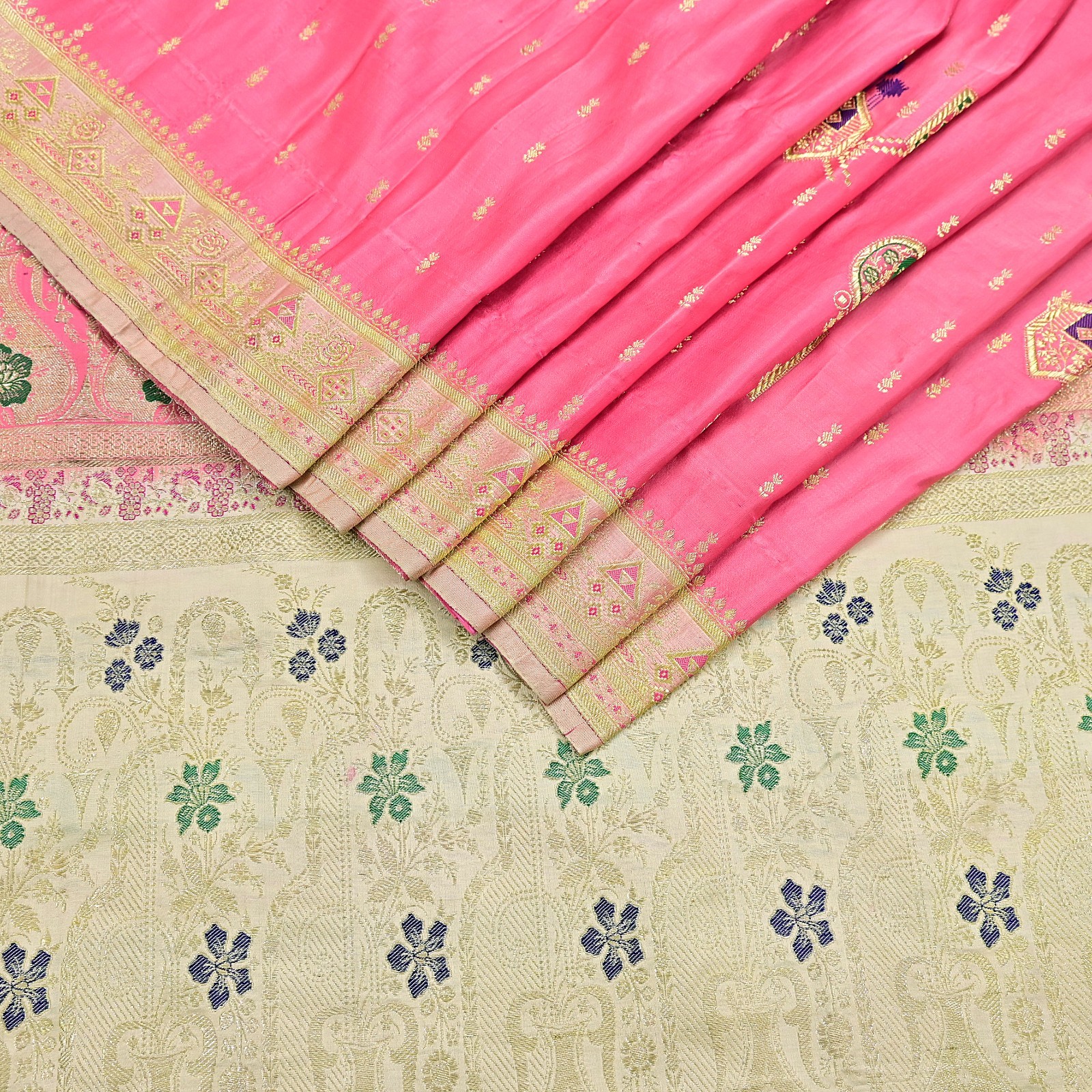 Vintage Sari Heavy Pure Satin Silk Ivory & Pink saree Banarasi Brocade Saree 5yd