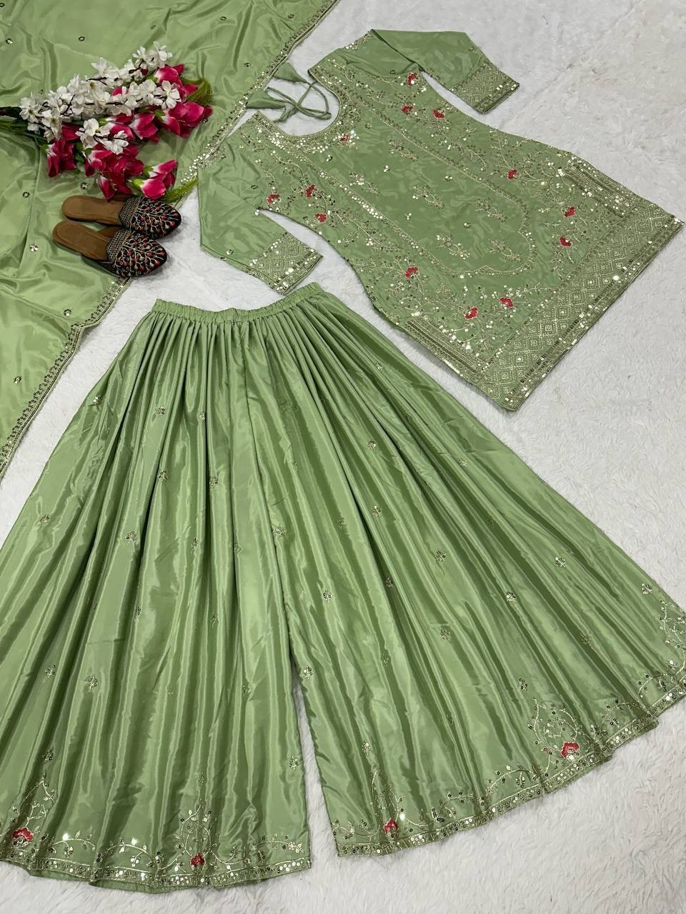 Attractive Look Natural Crep Sage Green Kurta Palazzo With Dupatta For Wedding