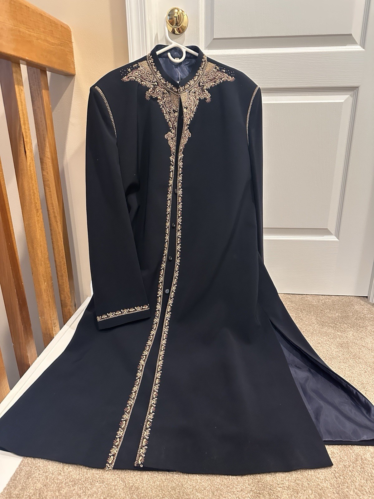 Women’s Black Kaftan Robe Gold Embroidery Satin Synthetic, Size 46