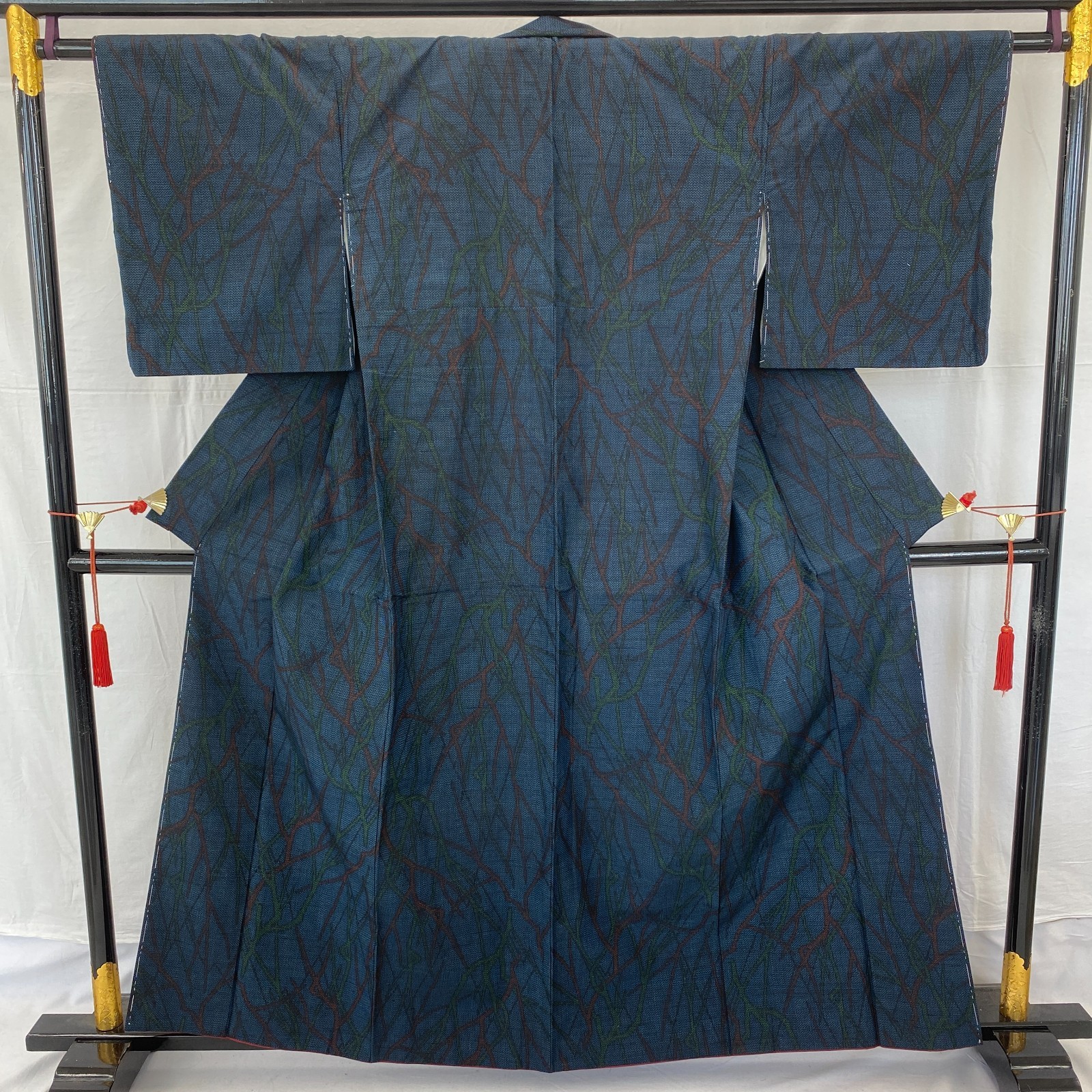 Japanese Vintage Kimono Silk Blue Oshima Traditional Authentic Length 61 in