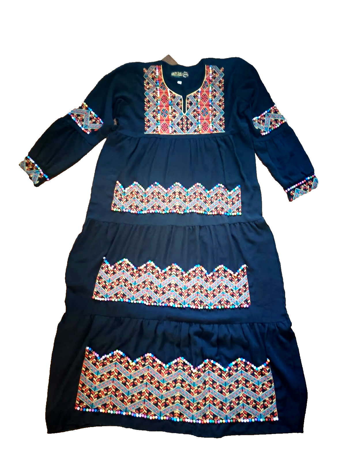 Modern Palestinian Thobe Kaftan Black Abaya – Embroidered and beaded . XL