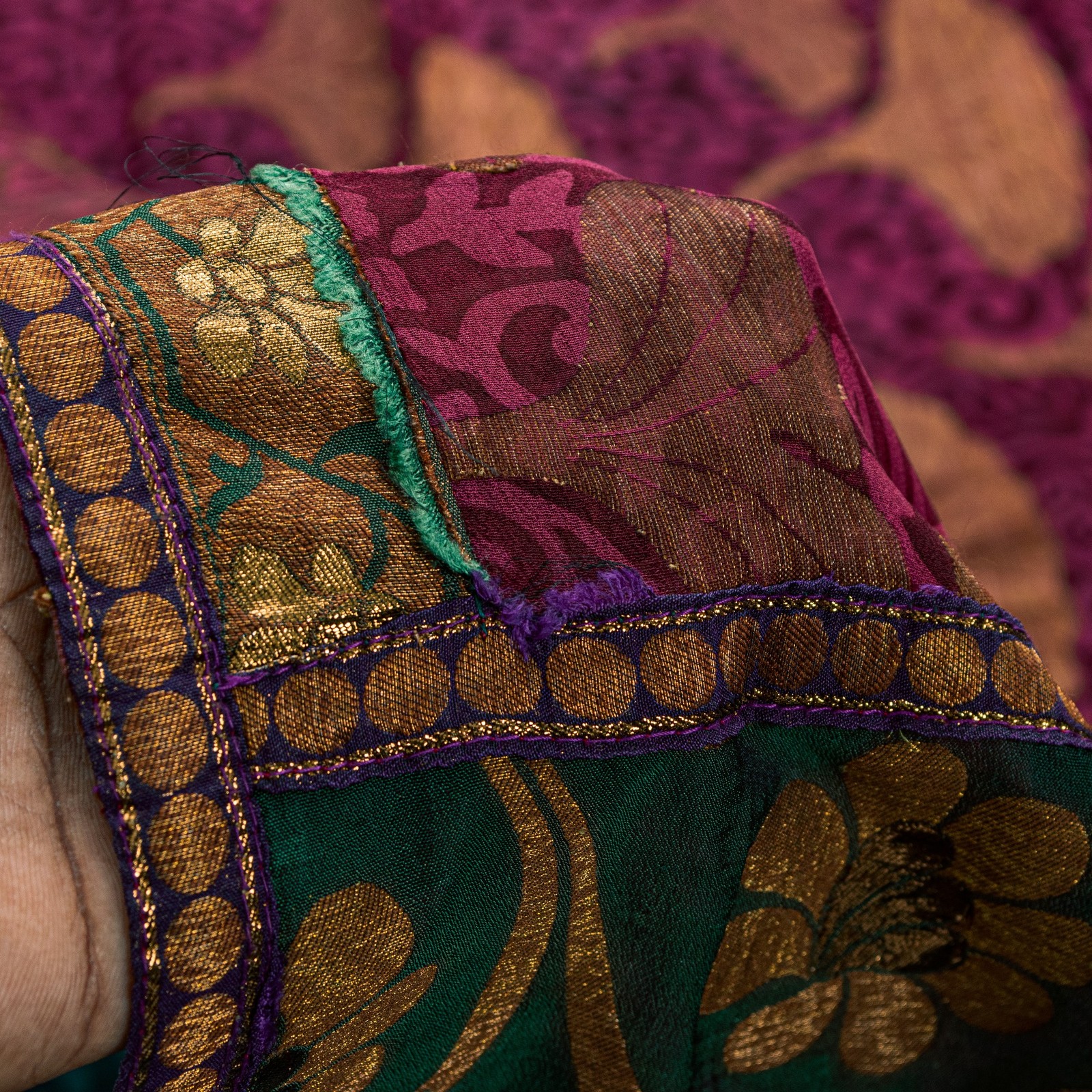 Sanskriti Vintage Purple -Green 100%Pure Crepe Saree Woven Printed 5.5+Yd Fabric