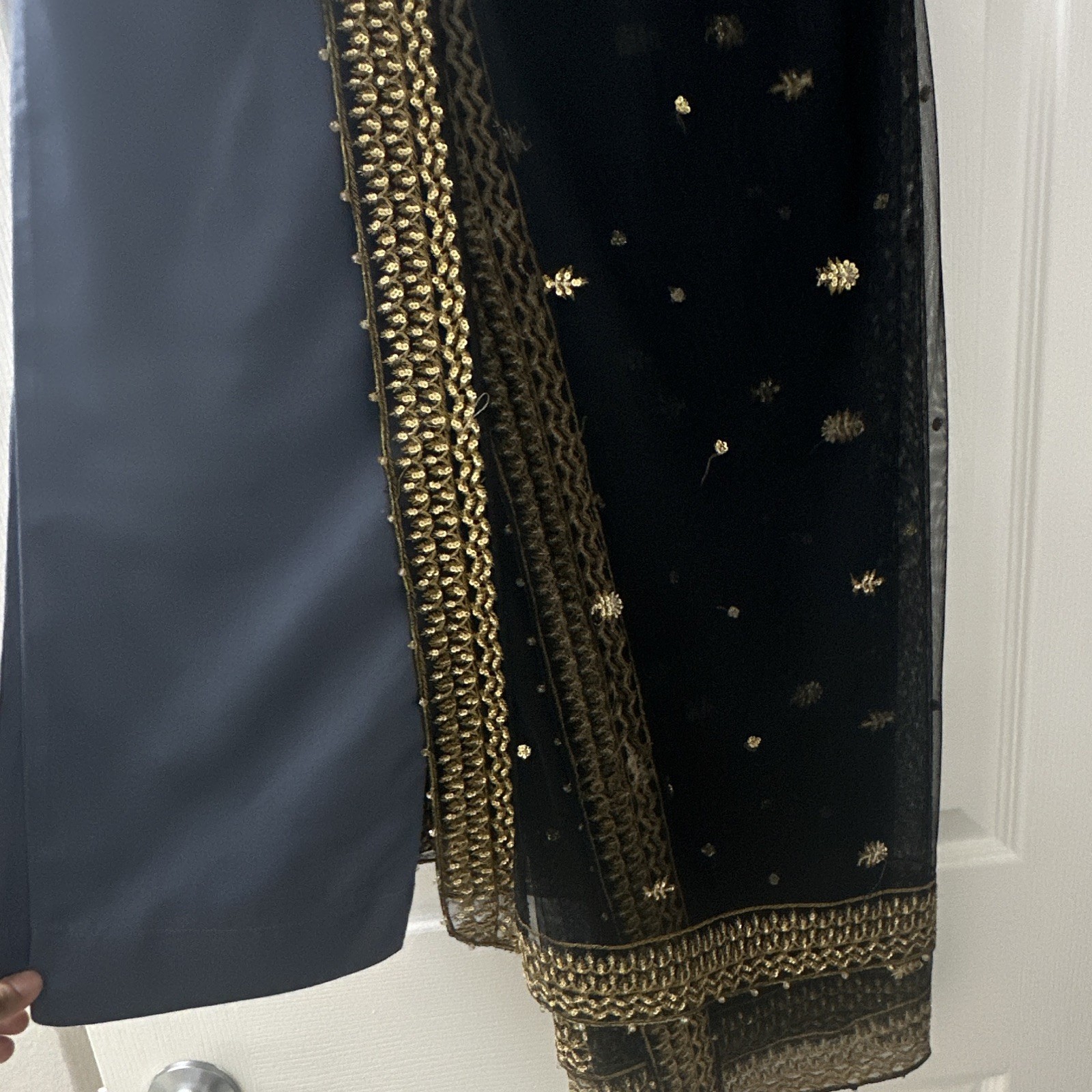 Handmade Blue Chiffon Salwar Kameez w/ Gold Embroidery & Dupatta, Custom