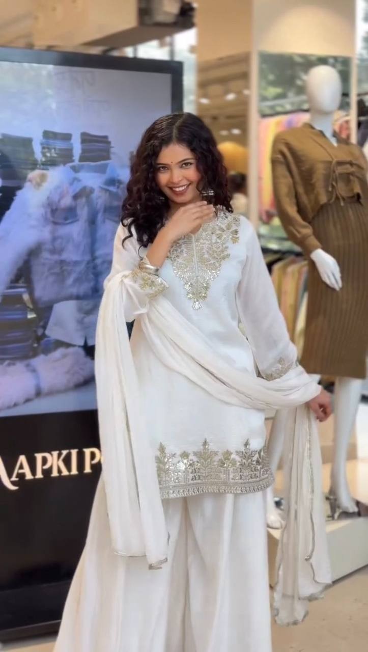 Stylish Look White Top Palazzo With Dupatta For Indian Functional Wear