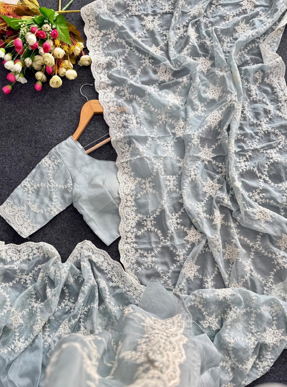 Exclusive soft organza saree with heavy with complete parsi work summer bliss