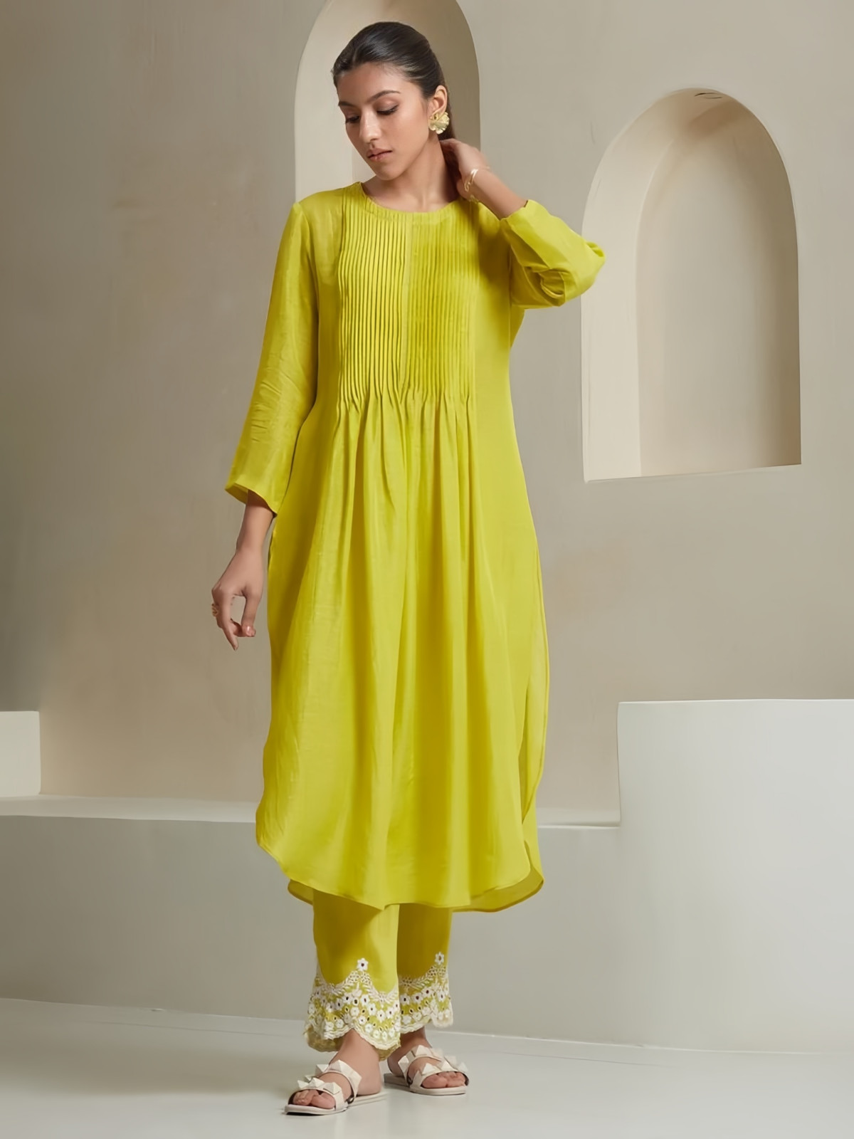 Lime Yellow Kurta with Embroidered Palazzo Pants 3/4 Sleeve Casual Wear Set