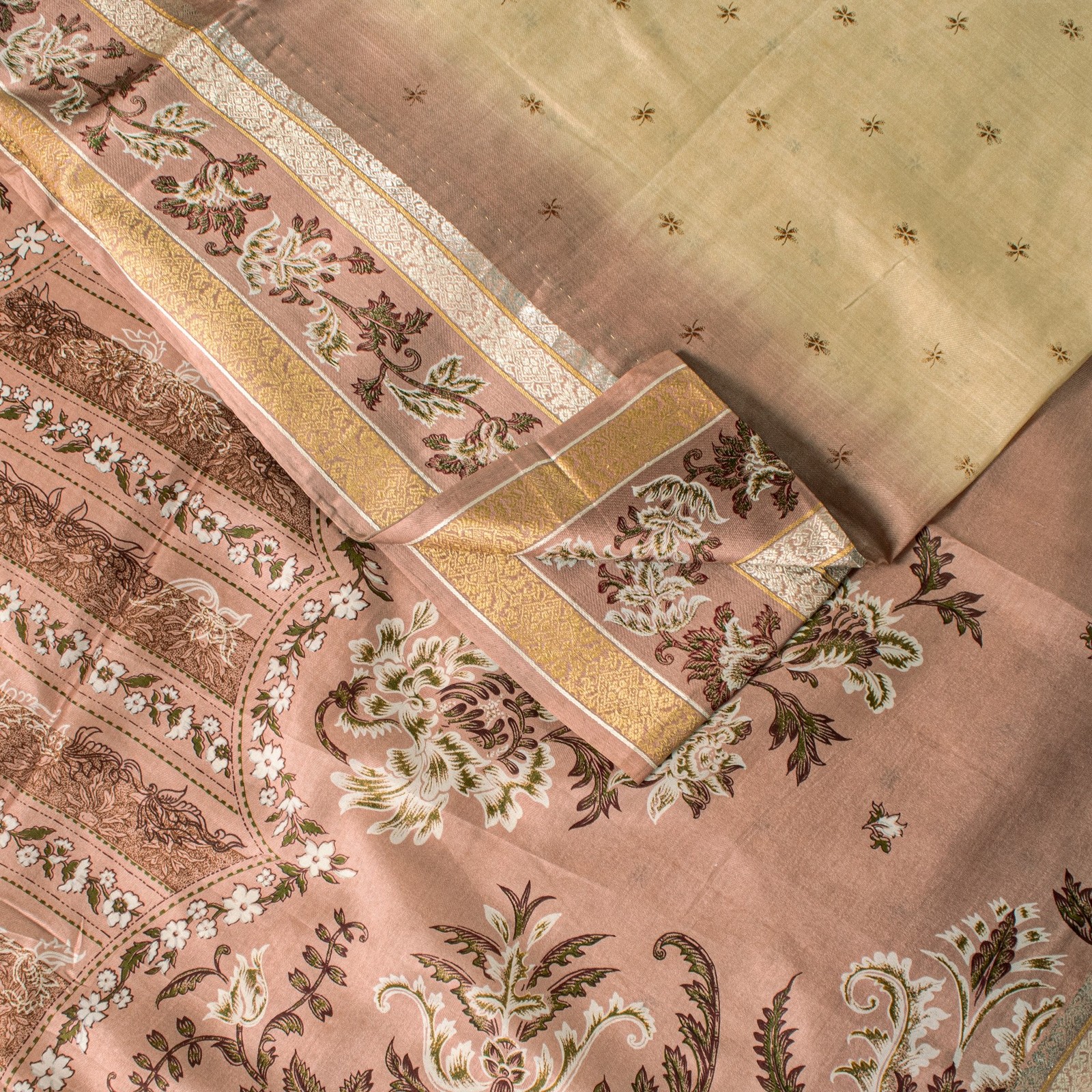 Sanskriti Vintage Soft Cream-Pink Pure Silk Sari Digital Print Floralsaree 5.5Yd