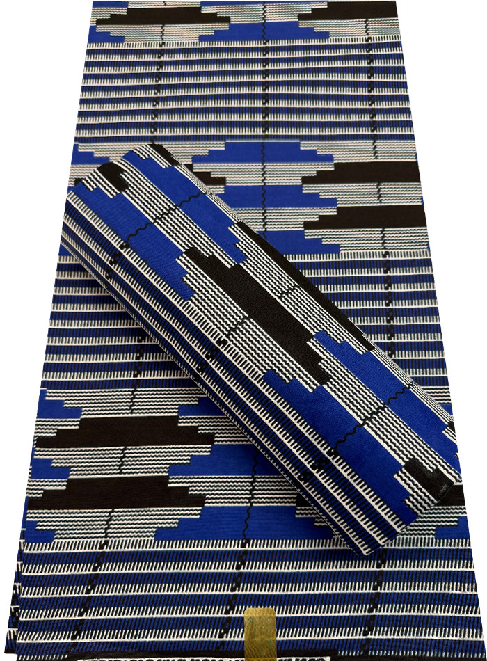 Kente Print African Super Quality Wax Prints Sell by 6 Yards-Blue Black White