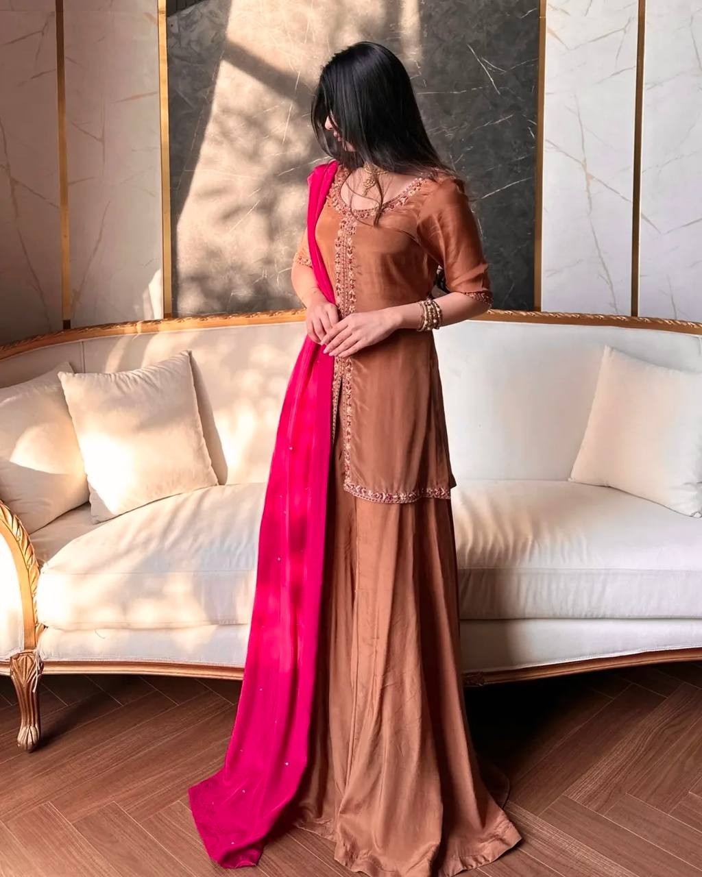 Presenting New Crepe Silk Kurta Palazzo With Dupatta For Women & Girls