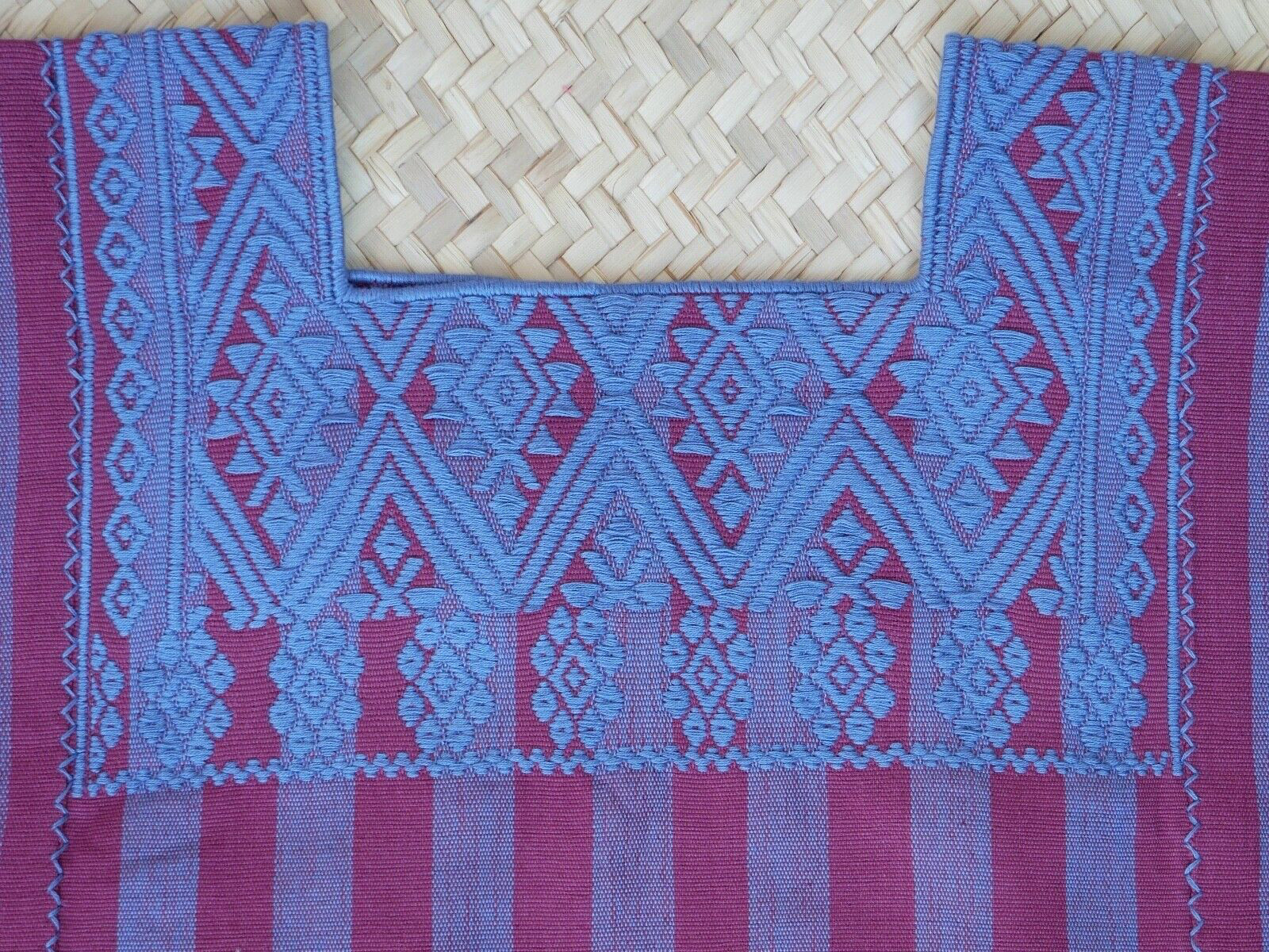 Huipil Top Mayan Blue & Plum Stripe Handwoven Backstrap Loom Chiapas Mexico