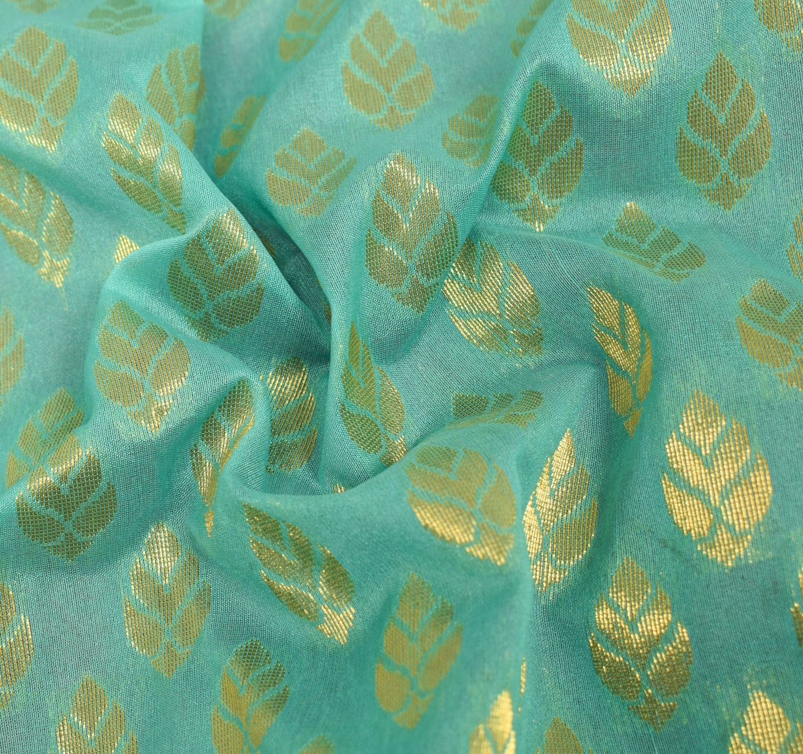 Indian Aqua Green Banarasi Sari Art Cotton Saree Blouse Fabric Gold Zari Woven