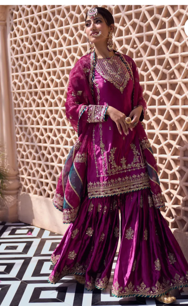 Indian Pakistani deep wine embroidered gharara suit