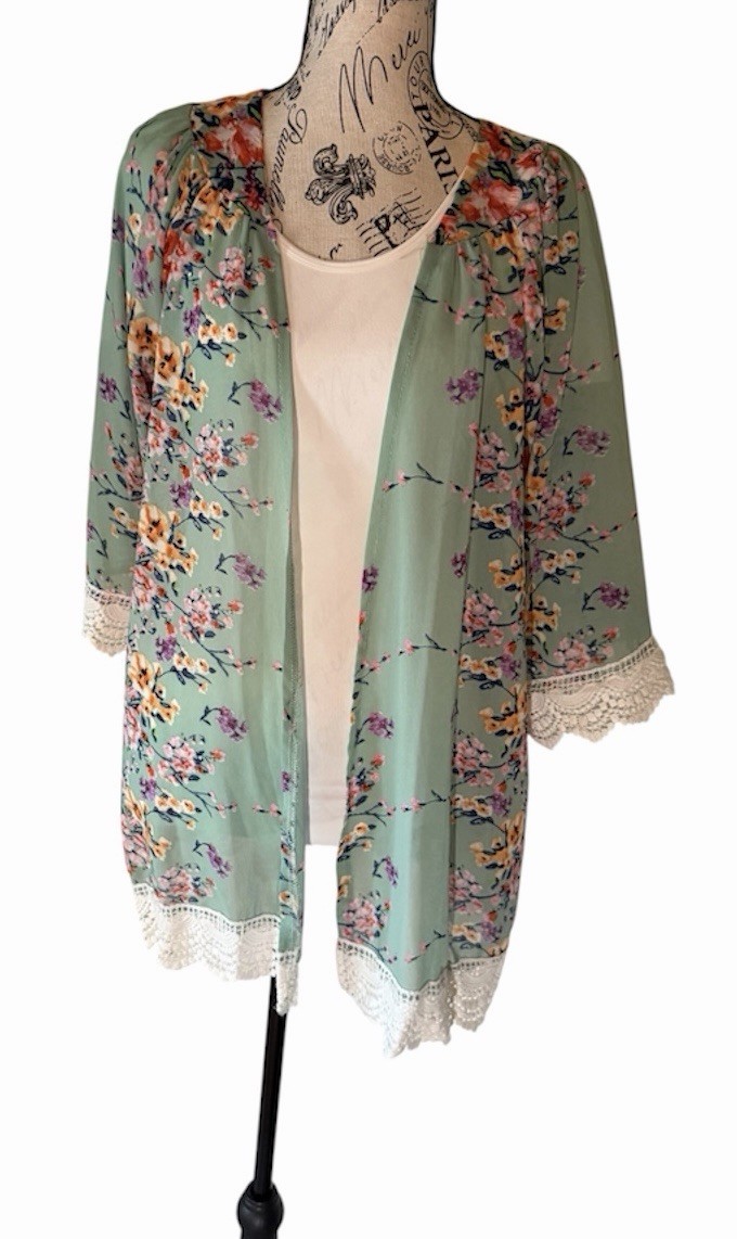 Women’s Green Floral Open Front Kimono Cardigan Crochet Lace Trim Polyester S-L