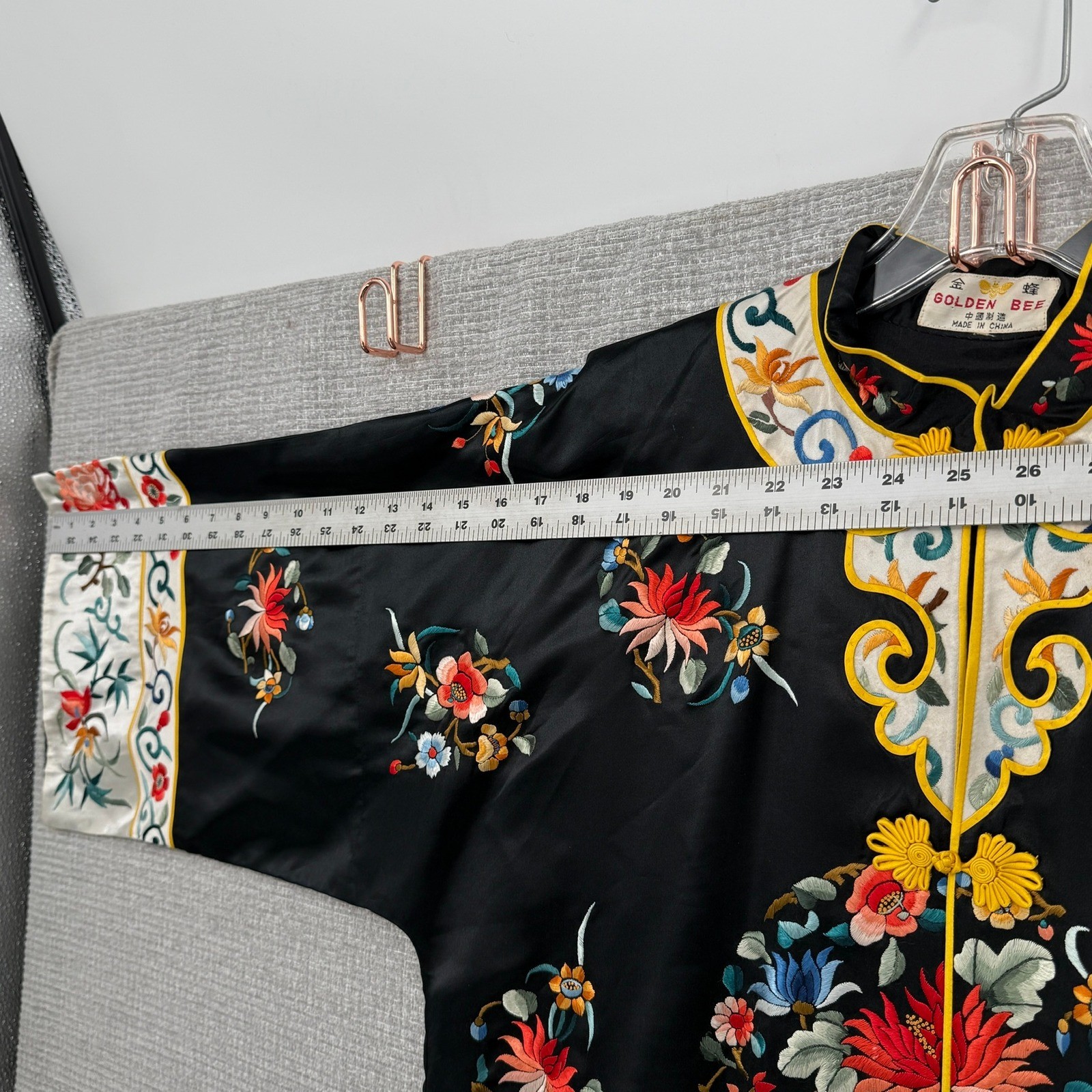 Vintage Golden Bee Kimono Robe Women Silk Satin Embroidered Floral Boho OS