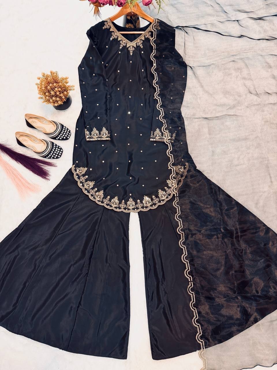 Designer Natural Crepe Silk Black Top Palazzo With Dupatta For Women And Girls