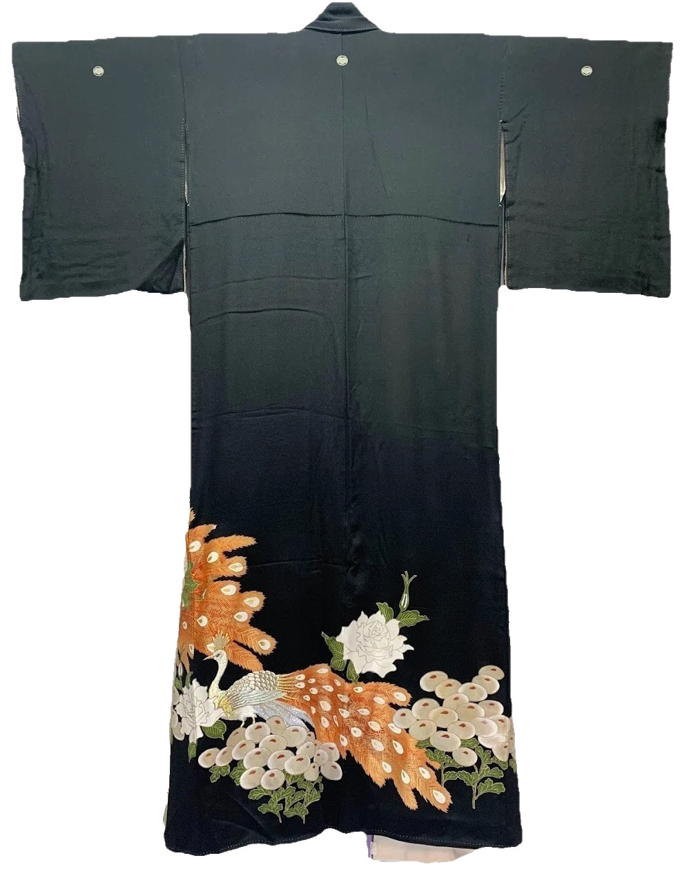 Vintage Silk Kurotomesode Kimono Peacock Embroidery Gold S 25.2in Yuki Japan