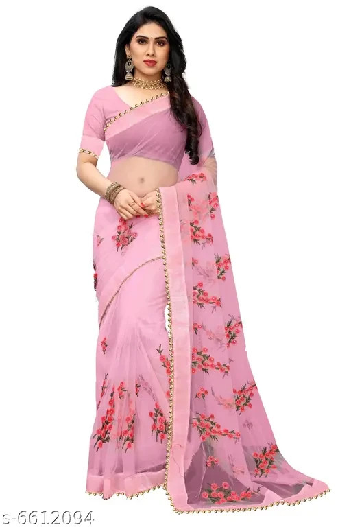 Women’s Soft Net Floral Embroidery Saree With Moti Lace And Unstitched Blouse