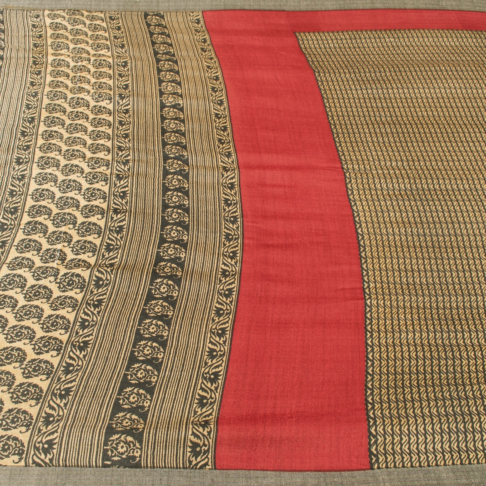 Sanskriti Vintage Sarees Brown & Black Block Printed Pure Woolen 5+Yd Warm Sari