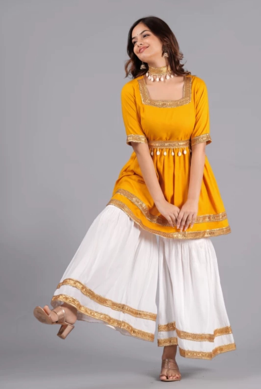 indian Partywear dress; Women Yellow & White Gotta Patti Cotton Sharara Set