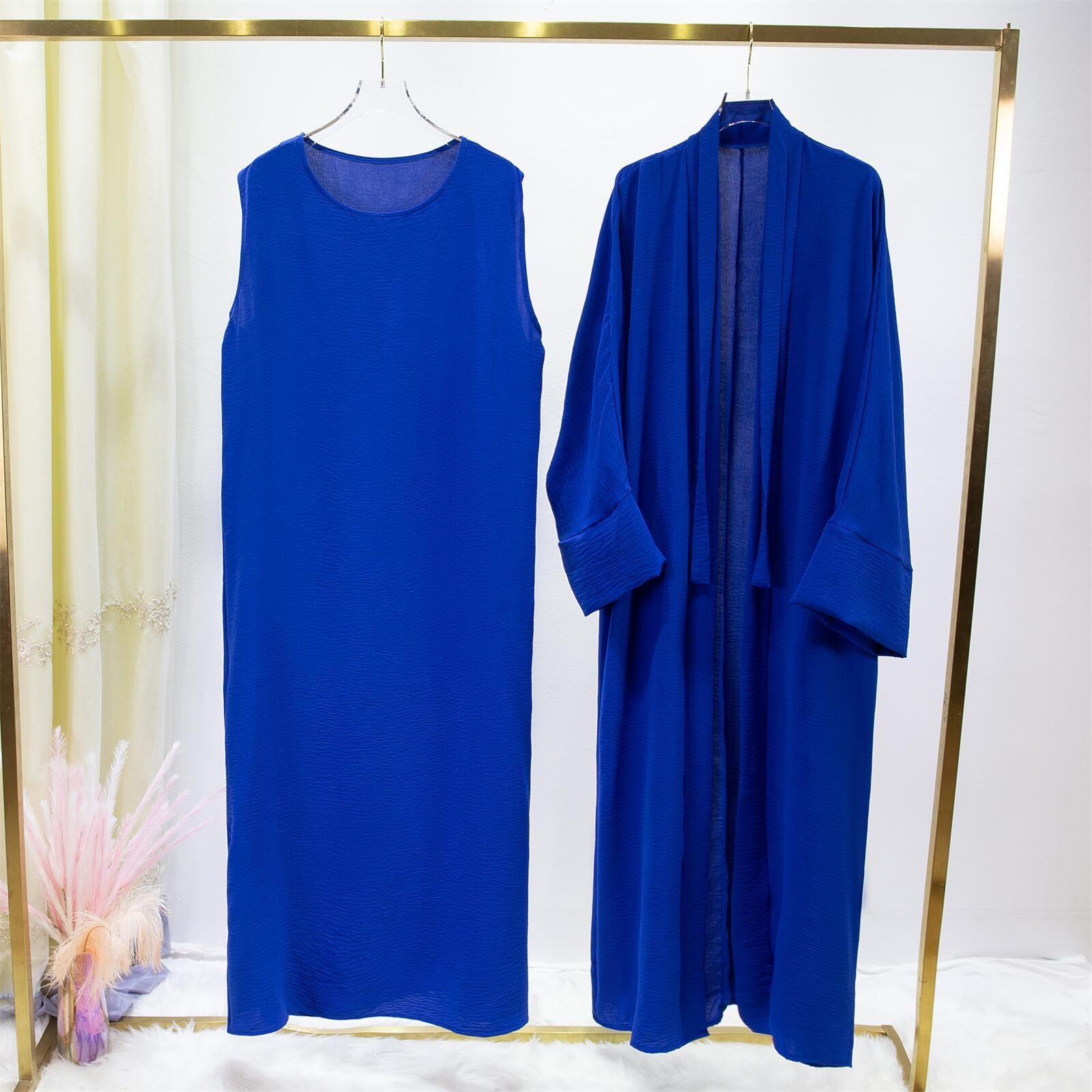 2 Piece Muslim Jilbab Abaya Set Loose Cardigan Inner Dress with Belt Modest Pray