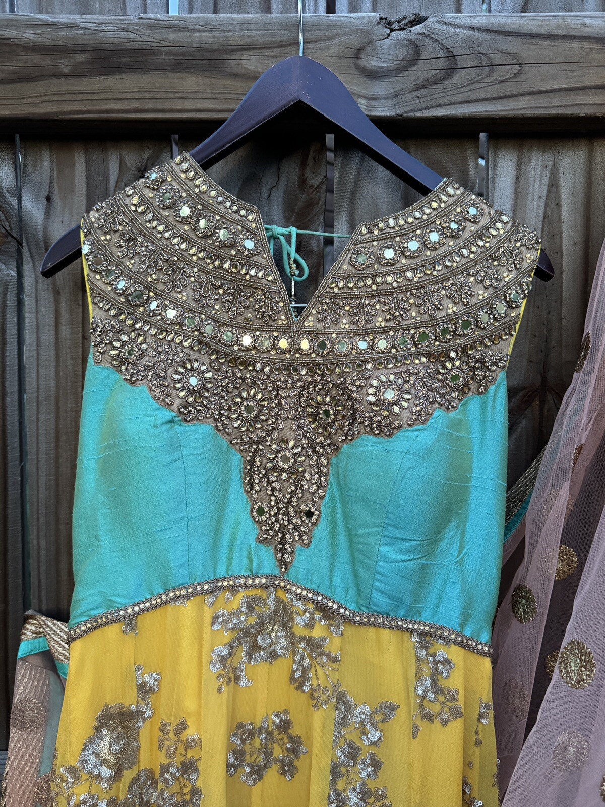 Women’s Anarkali Suit – Yellow & Teal With Peach Pajami/Sequenced – Size S (40)