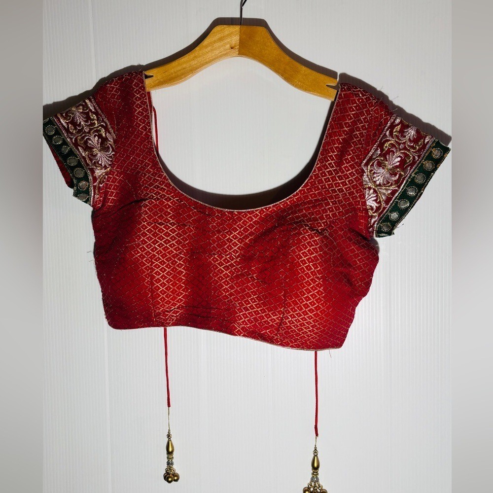 Red & Gold Indian Sari Blouse Choli | Embroidered Sleeves | Festive Crop Top