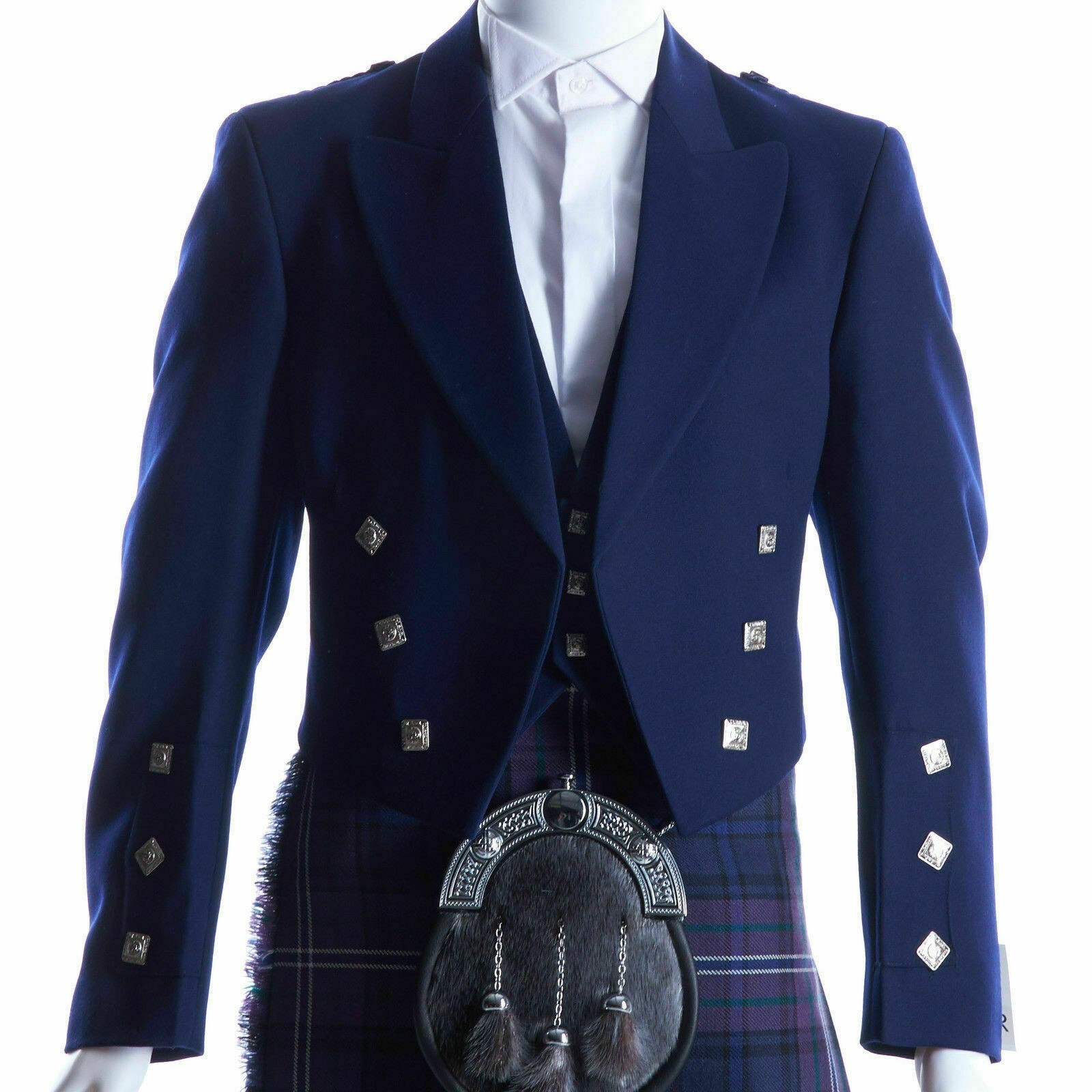 Men’s Scottish Blue Wool Prince Charlie Jacket 3 Button Vest Kilt wedding jacket