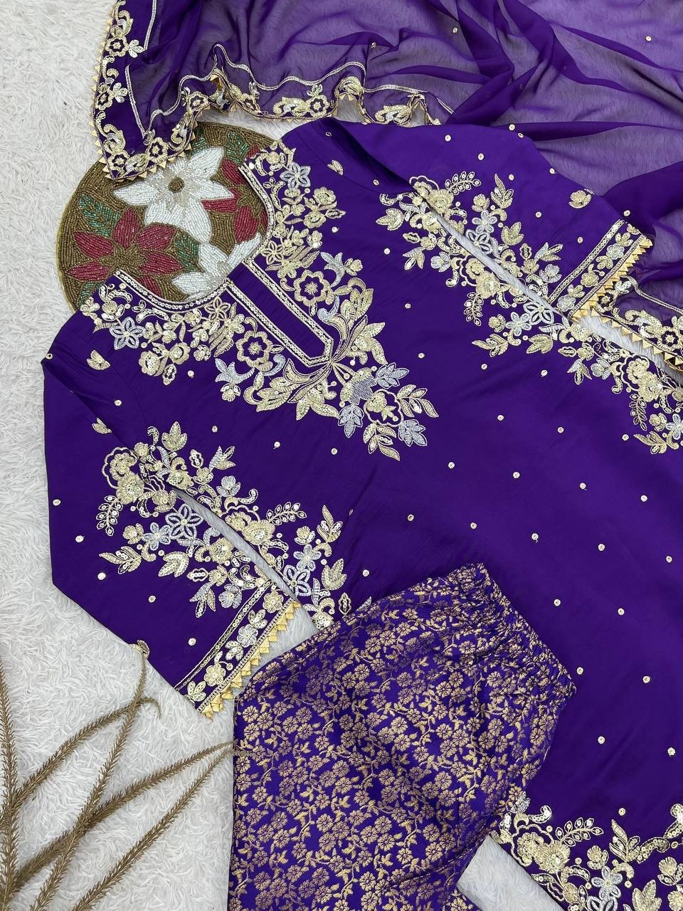 Presenting Heavy Roman Cotton Purple Top Palazzo With Dupatta Function Wear