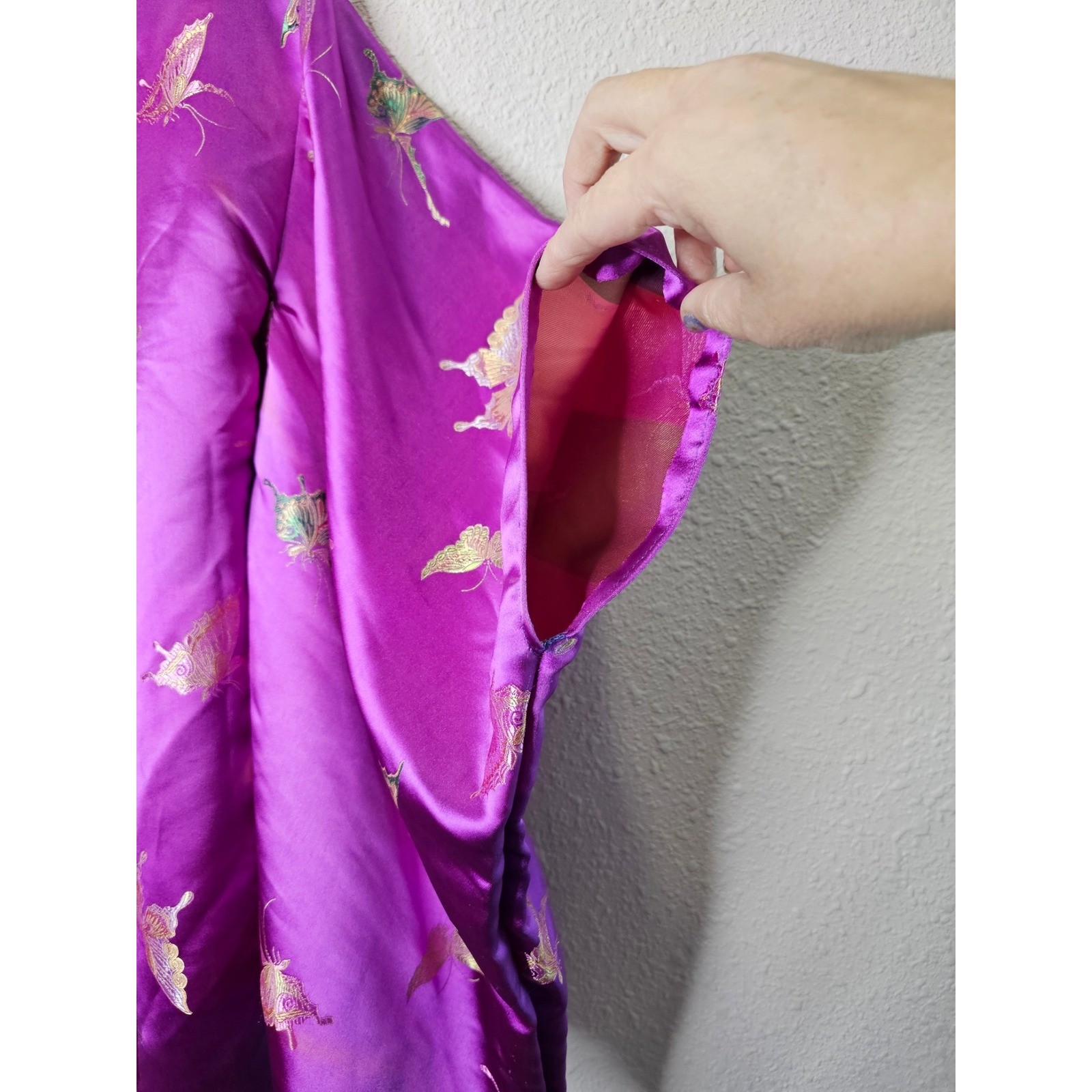 Purple Satin Butterfly Embroidered Kimono Sleeve Open Front Robe Costume