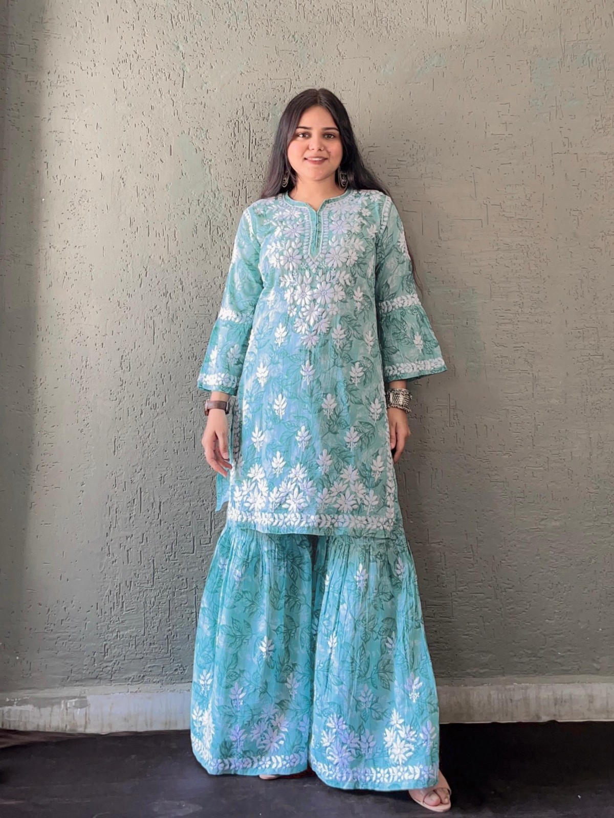 Premium Lucknowi Chikankari Printed Mal Mal Bell Sleeves Co-Ord Gharara Set