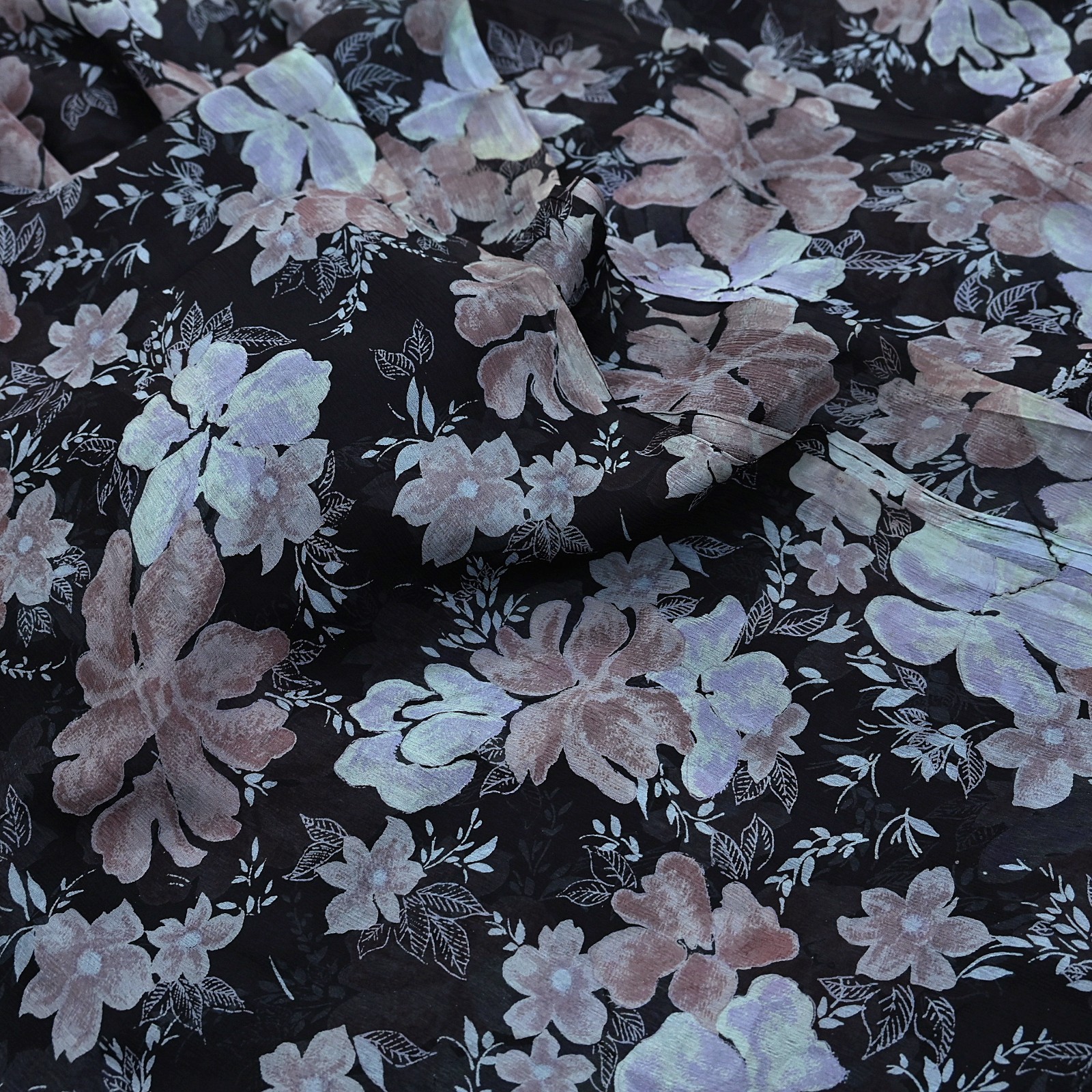 Vintage Saree Black Pure Chiffon Silk Printed Sari Craft Fabric Sewing 5Yd Soft
