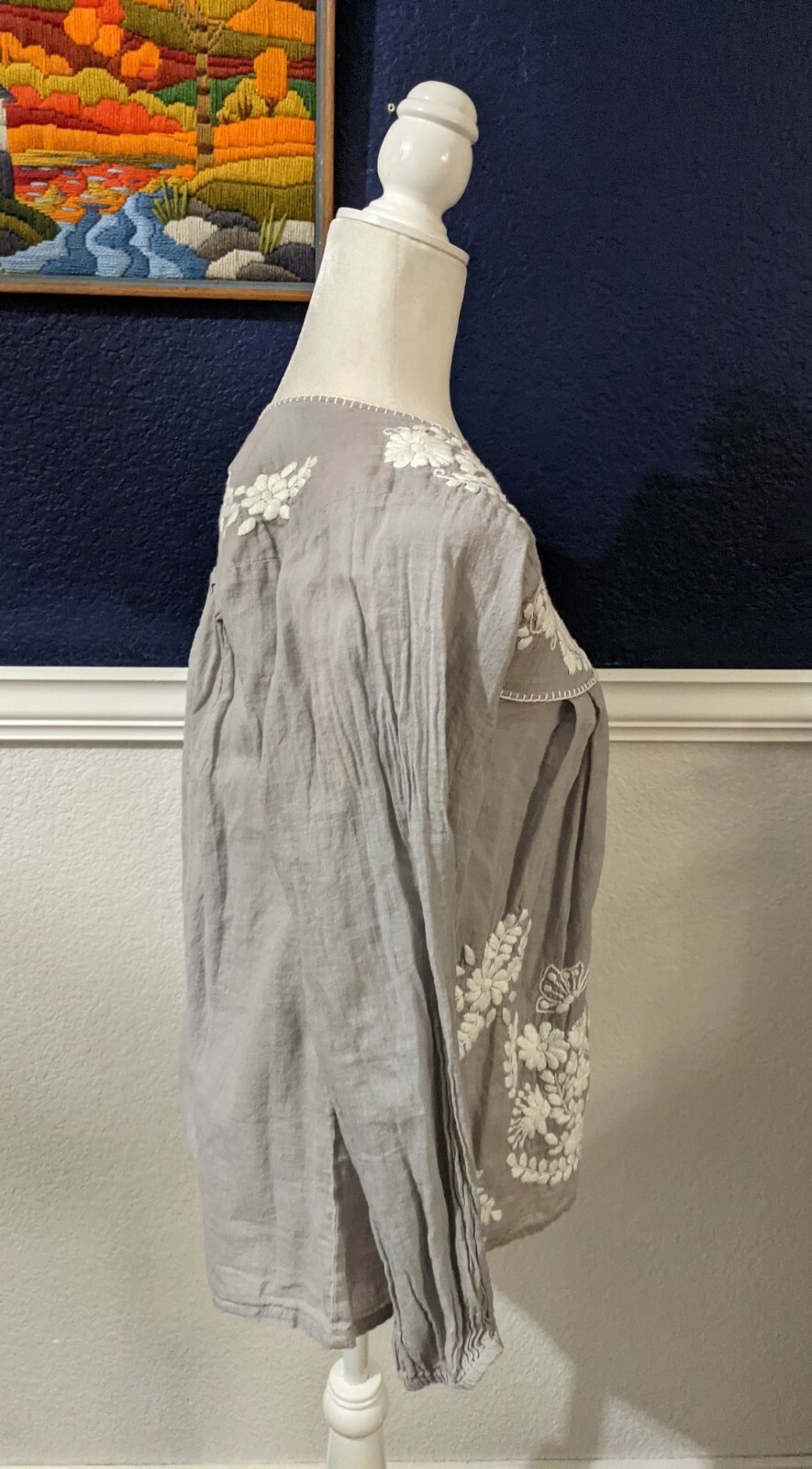 Siren Mexican Embroidered Boho Gray Shirt Blouse Festival Sz XS Extra Small
