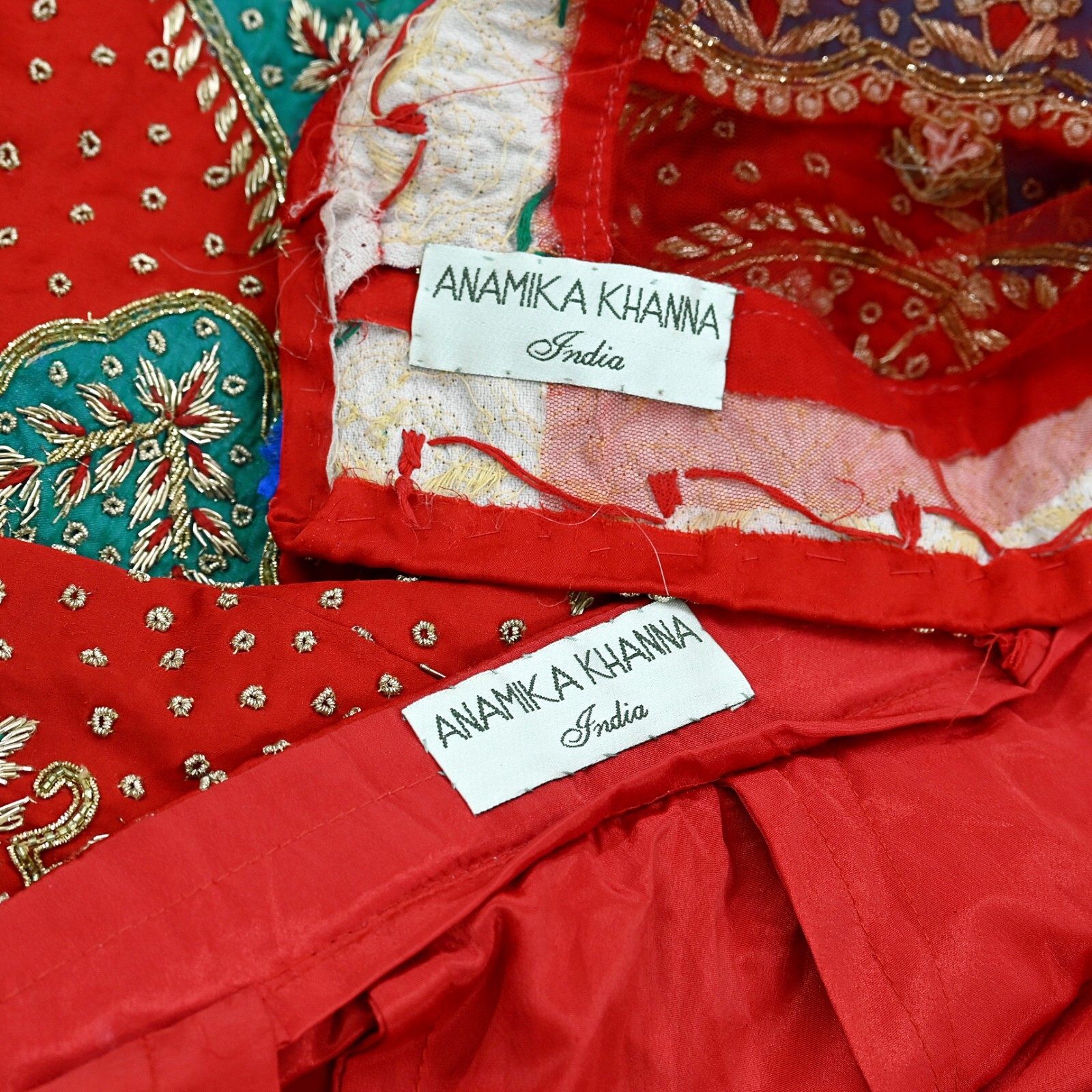 Pre-owned Red Satin Silk Hand Embroidered Designer By Anamika Khanna Lehenga Set