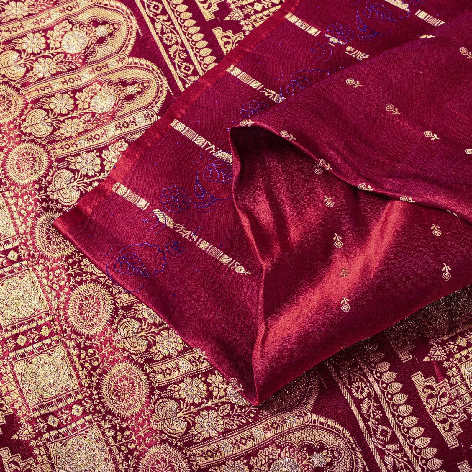 Sanskriti Vintage Red Pure Satin Saree Banarasi Brocade Zari Hand-Woven 5+Yd