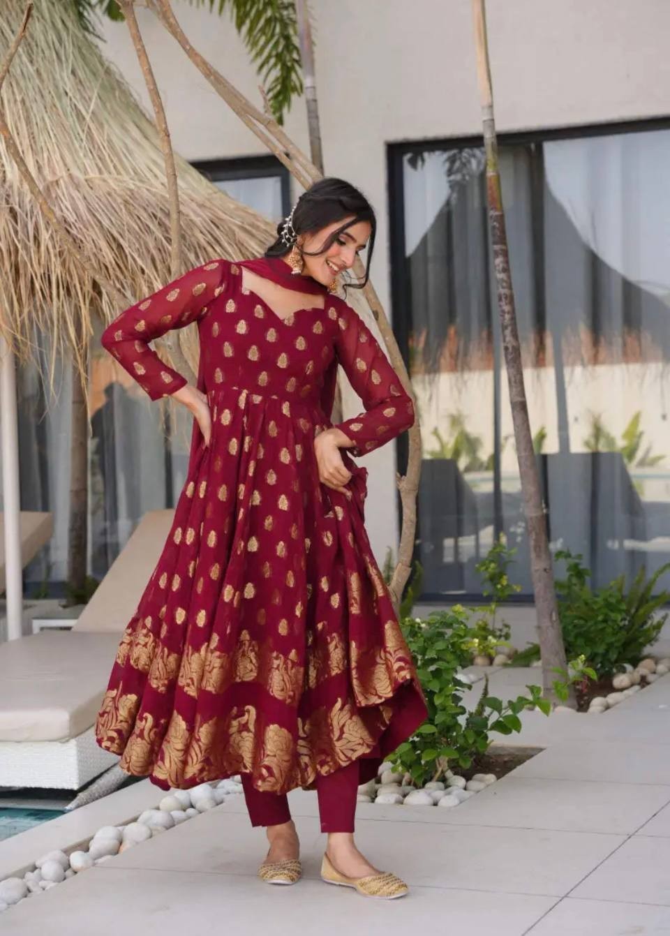 Beautiful Maroon Heavy Faux Georgette Gown Bottom And Dupatta For Festival Wear