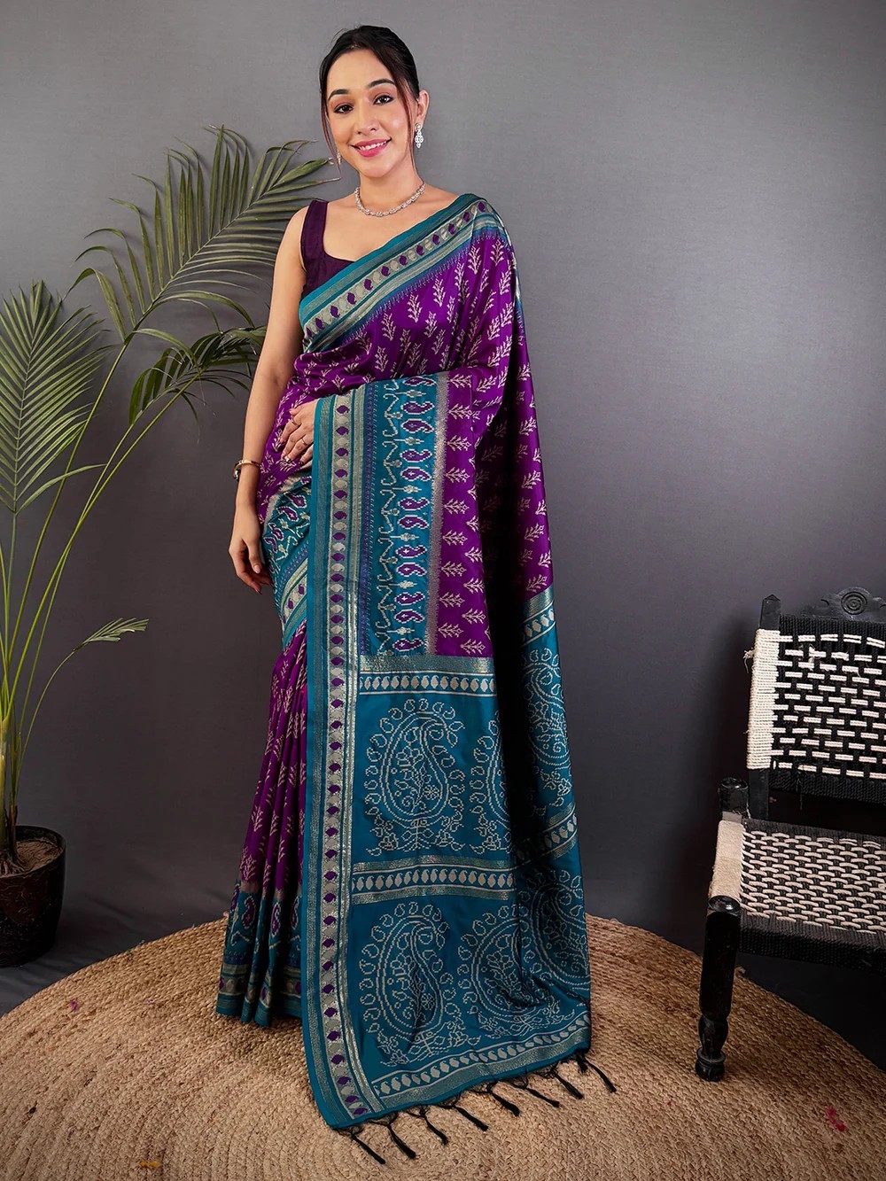 Women Dark Purple Soft Silk Ikkat Saree With Blouse Unstitched Piece
