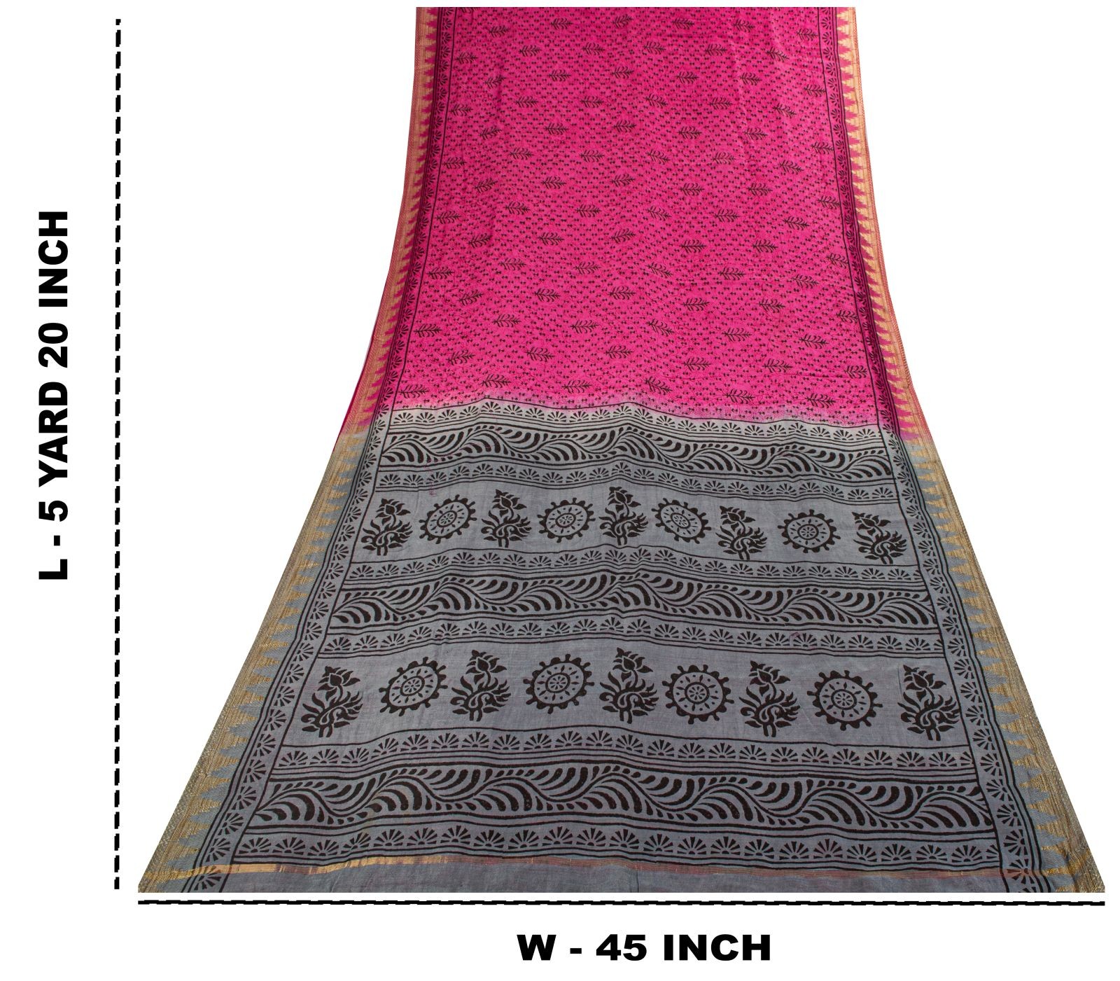 Sanskriti Vintage Pink Saree Cotton Silk Hand Block Printed 5.5+Yd Craft Fabric
