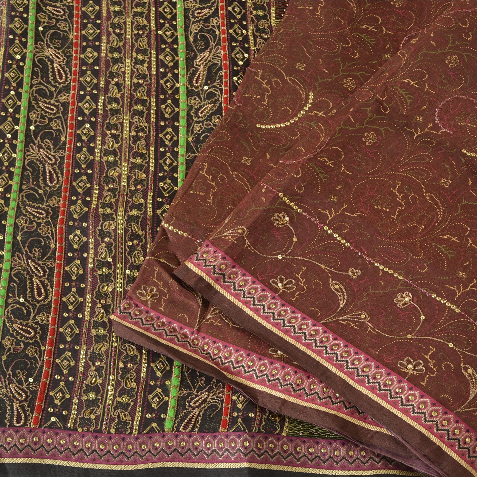Sanskriti Vintage Sarees Pure Chiffon Silk Hand Beaded Woven Zardozi Sari Fabric