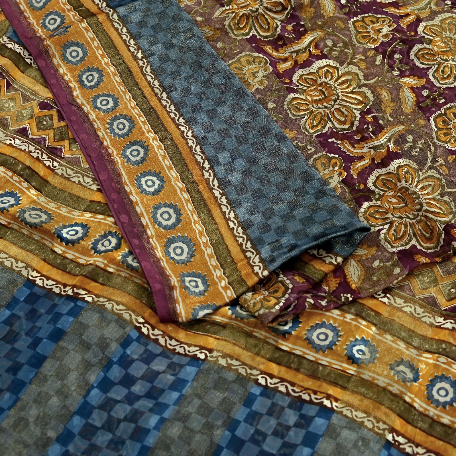 Vintage Saree Burgundy & Blue Pure Georgette Silk Printed Sari Sewing 6yd Fabric
