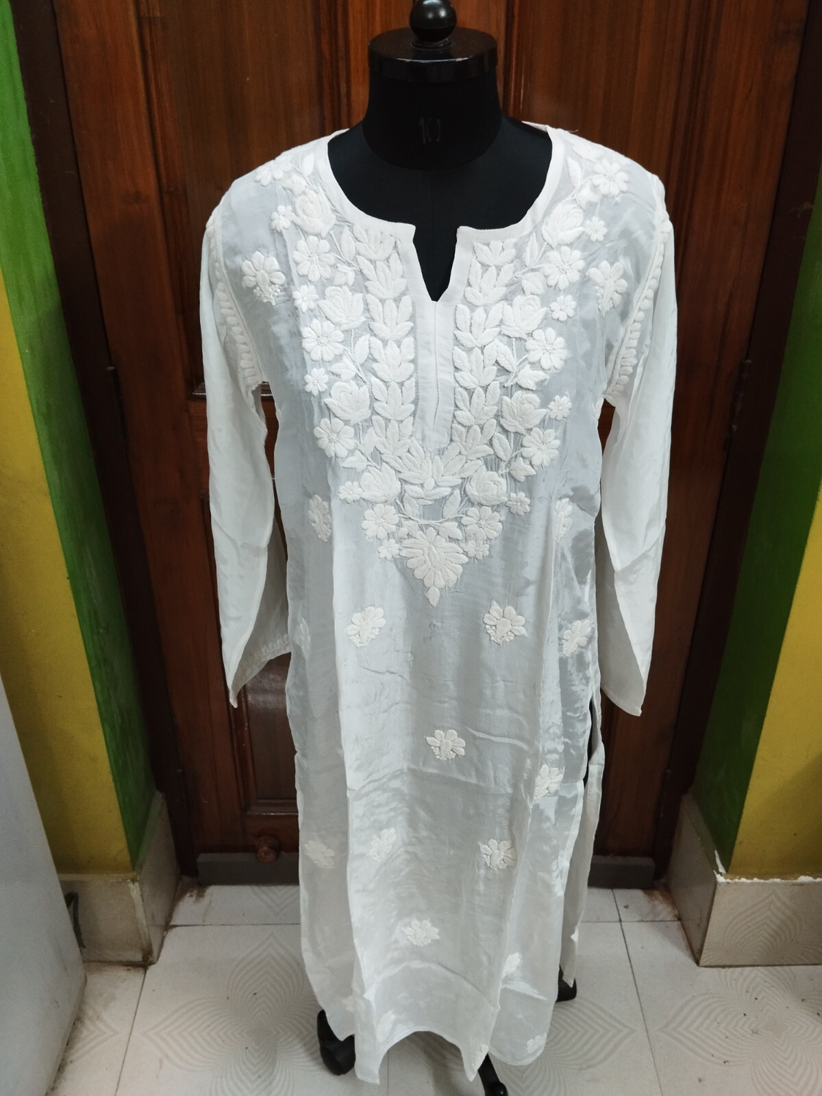 LONG PURE CREPE 3D CHIKAN EMBROIDERY S M L XL 2XL HANDMADE ETHNIC KURTA KURTI