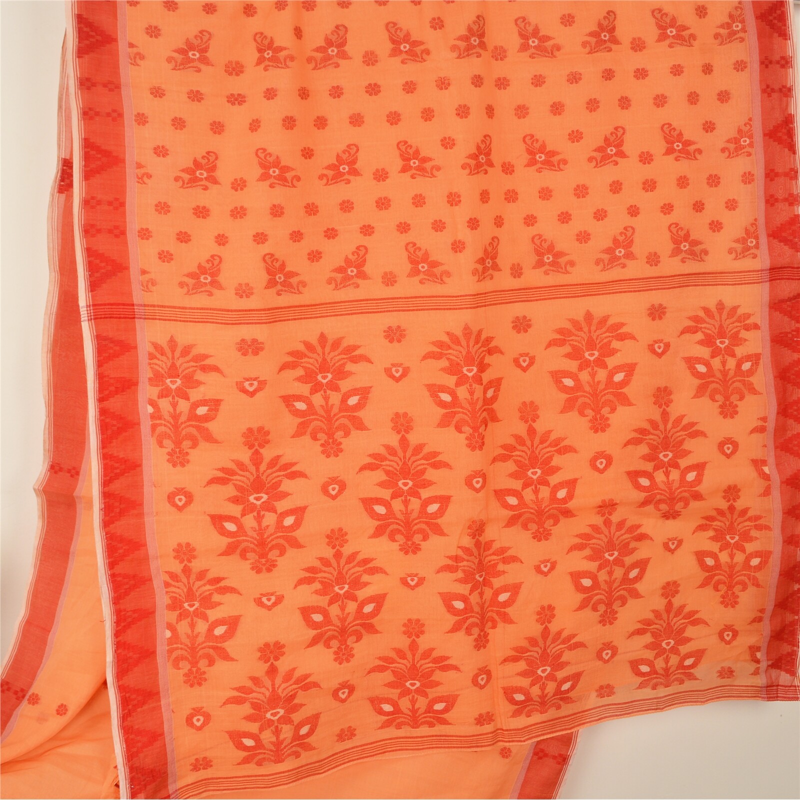 Sanskriti Vintage Peach Indian Sarees Pure Cotton Hand-Woven Sari 5 Yard Fabric
