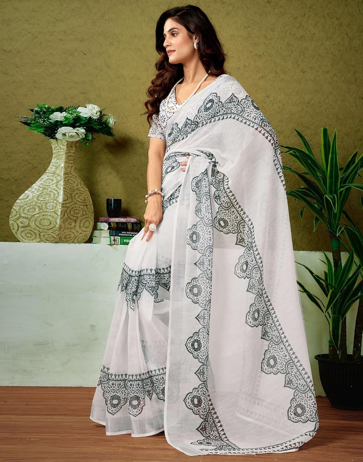 Women’s Cotton Linen Printed Readymade 1 Minute Ready to Wear Saree With Blouse